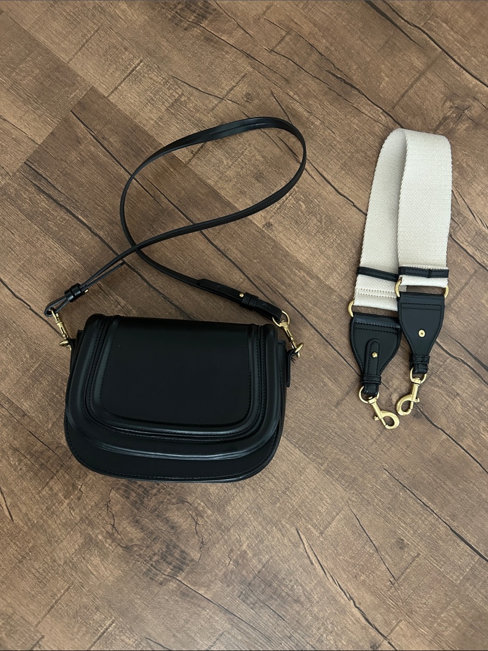 Zara Womens Black Leather Crossbody Bag with Removable Canvas Strap